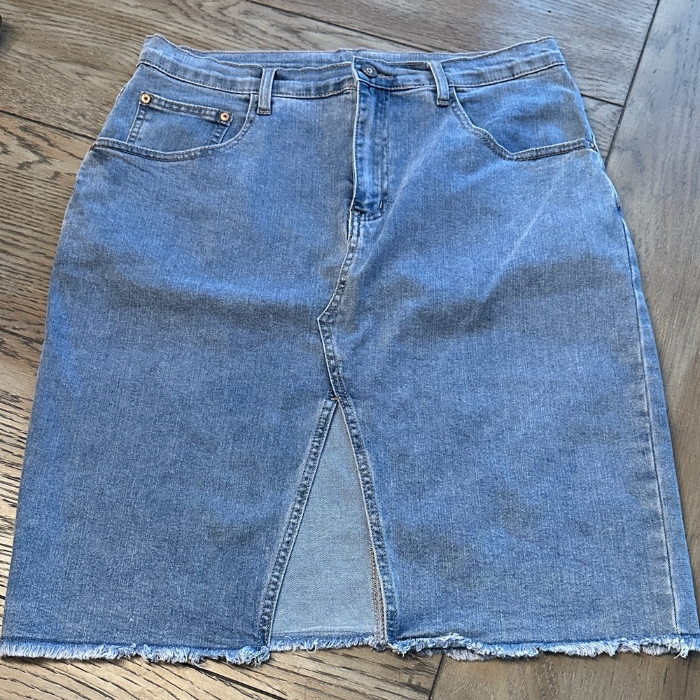 Happily Grey Denim Midi Skirt Front Slit Frayed Raw Hem Blue Size 11 / 29